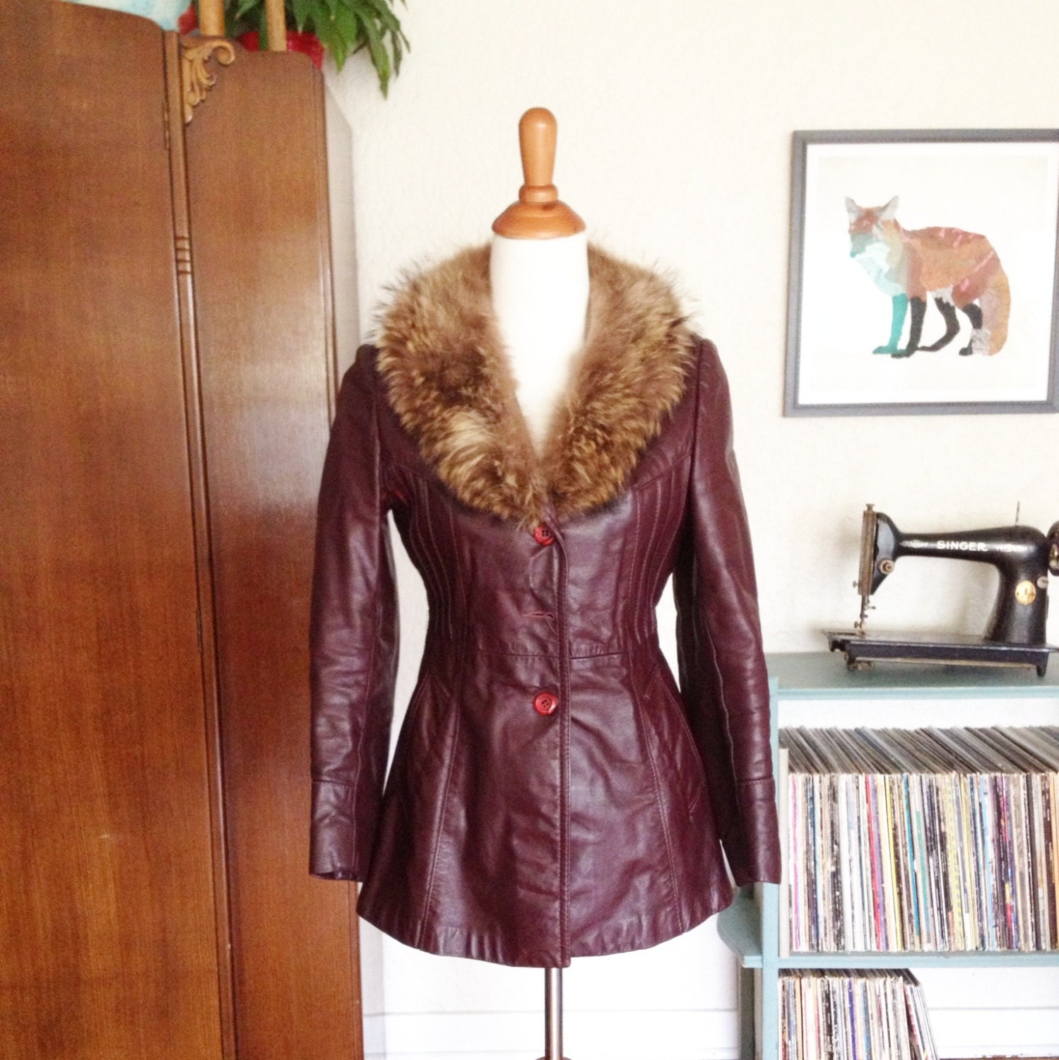 Oxblood Fur Collar Coat