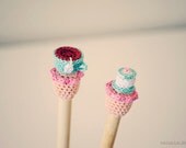 Amigurumi Tea Cup// Cake // Knitting Needle Toppers // Micro Crochet // 12" Size 11 Straight Needles