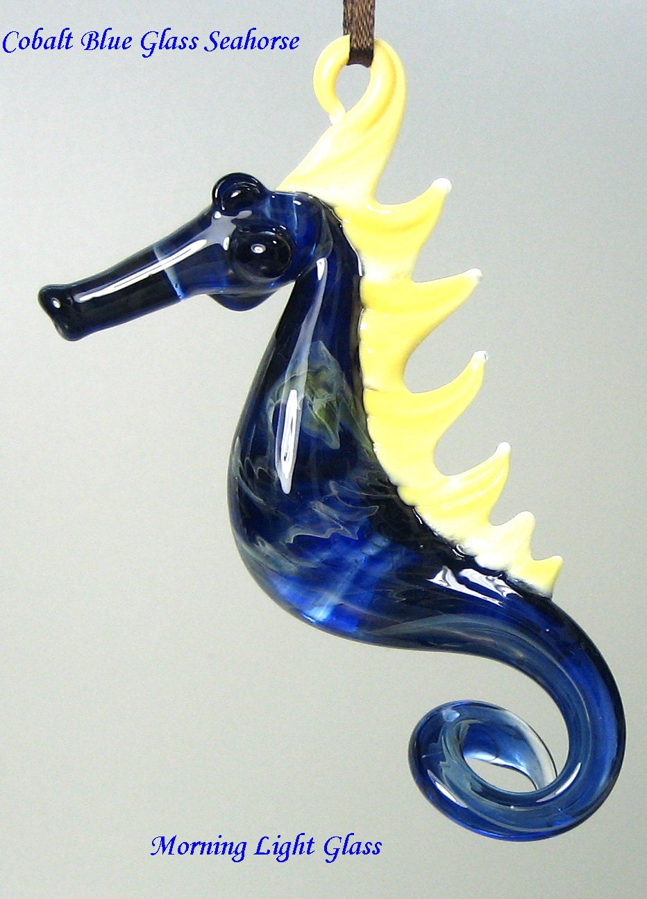 Cobalt Blue Glass Seahorse Ornament, Suncatcher, Hanging Art Glass