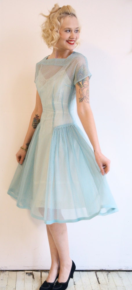 1950s dress // vintage 1950s dress // Swiss Dot Sheer Blue Dress