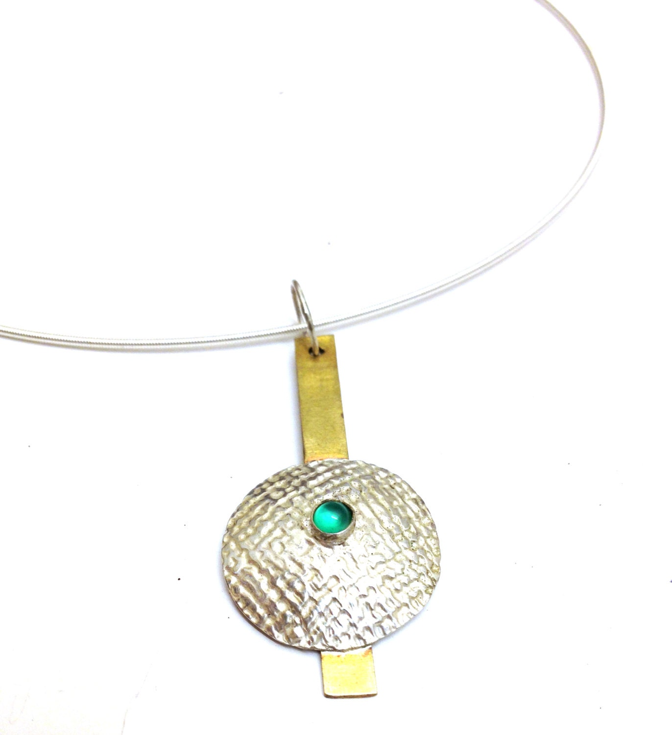 Silver, Brass, and Emerald Modern Necklace - 'Emerald Discus'