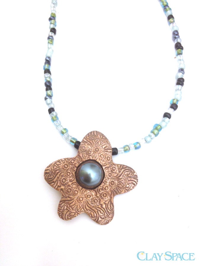 Turquoise Pearl and Copper Metal Clay - Mehndi Flower