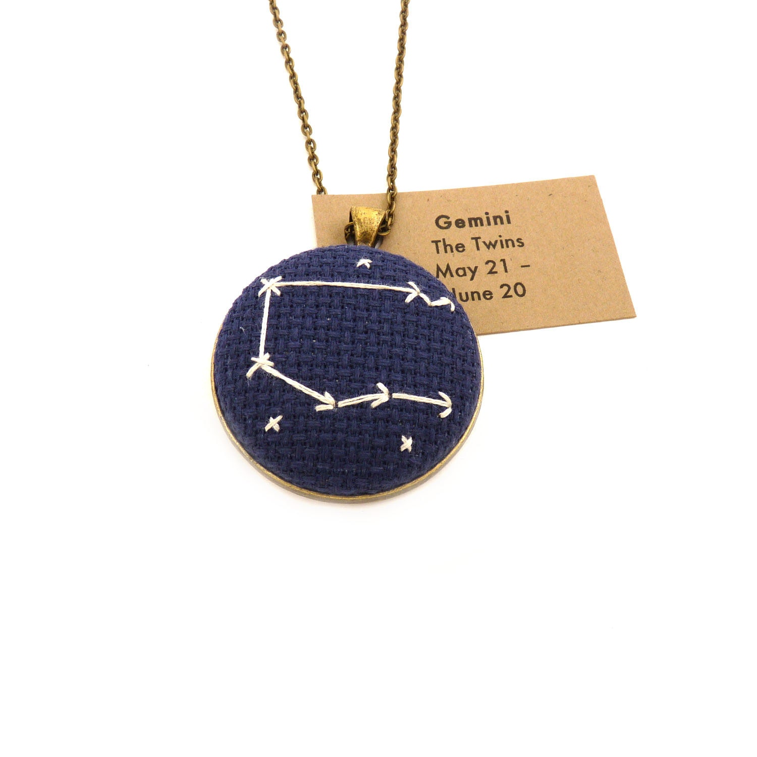 Zodiac Necklace Gemini Zodiac Constellation Cross Stitch Necklace on Brass Convertible Chain