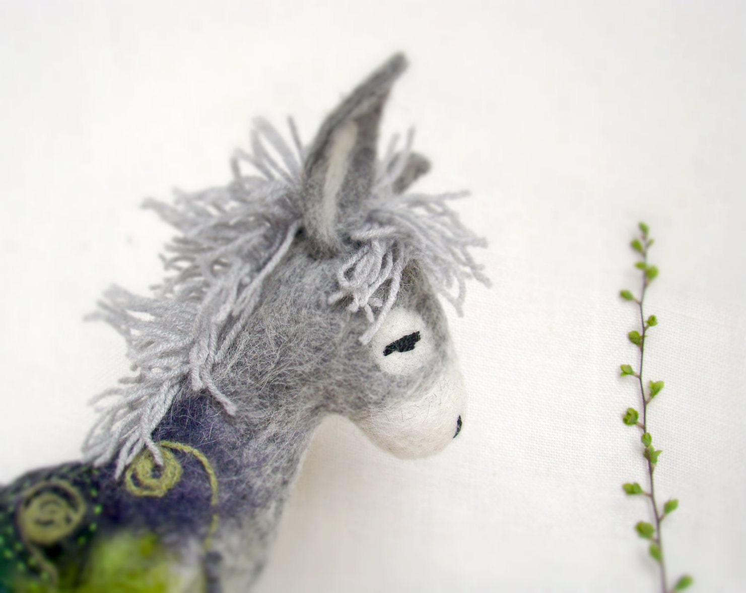 Grey Birger - Felt Donkey. Art Toy. Felted Stuffed Marionette Puppet Handmade Animals Toys. grey green gray. MADE TO ORDER.