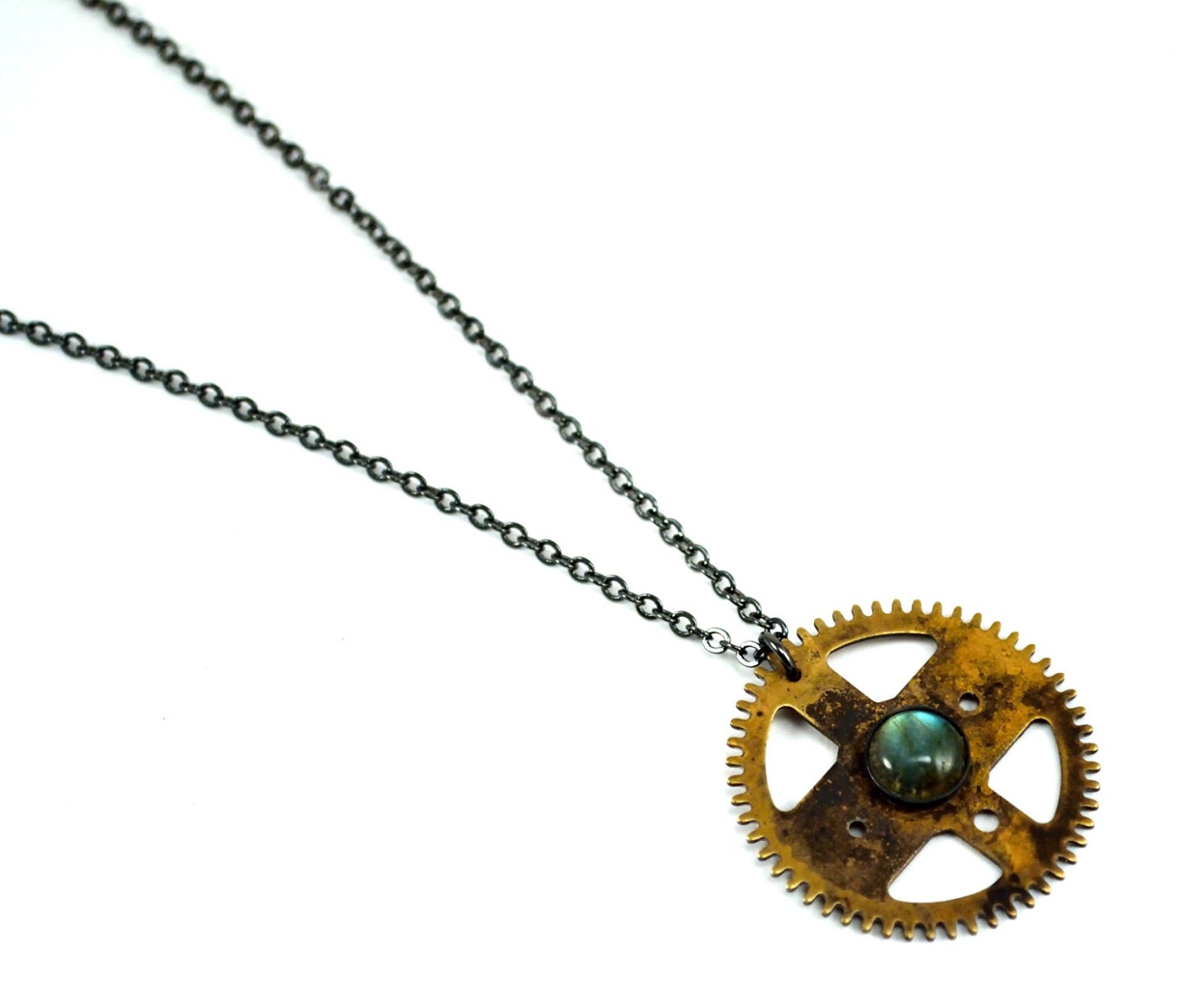 Gear Necklace, Steampunk Necklace, Labradorite Pendant