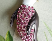 Vintage Trifari Sterling Silver & Pink Rhinestone Figural Miniature Penguin Brooch Pin