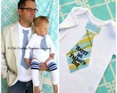 Father's Day Gift of 1 Happy 1st Father's Day Baby Boy Tie Onesie and 1 Non-Personalized Tie T-shirt for Daddy.  Plaid, Navy Blue, Red