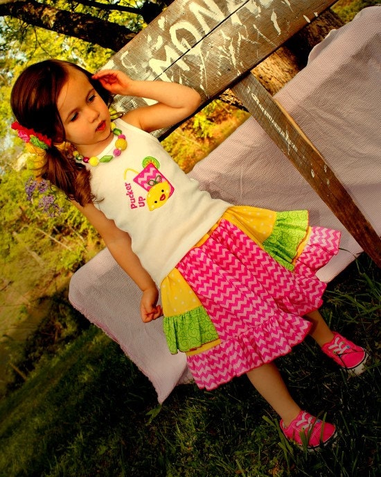 Girls Pink Chevron, Yellow Polka Dot and Lime Ruffle Skirt Sizes 24 M, 2, 3, 4, 5