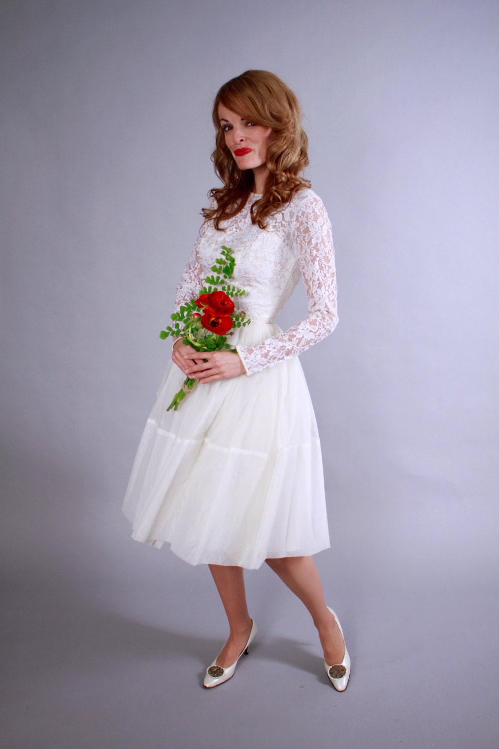 1950s wedding dress . 50s cupcake length lace illusion wedding dress . Sweet Summer Bride Ballet Wedding Dress