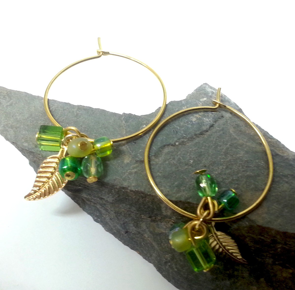 Gold Hoop Earrings,Green leaf earrings,Green Hoops Earrings ,Black Friday Etsy Cyber Monday Etsy