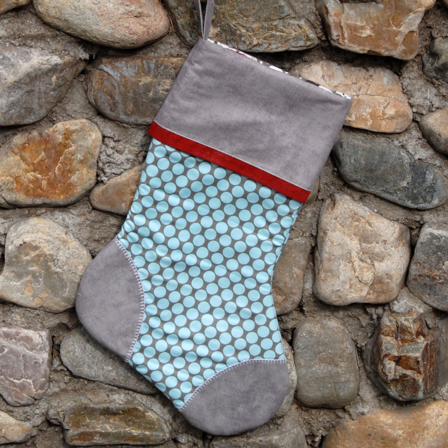 Embroidered Gray Christmas Stocking from the Red & Aqua Collection by Yards and Yards