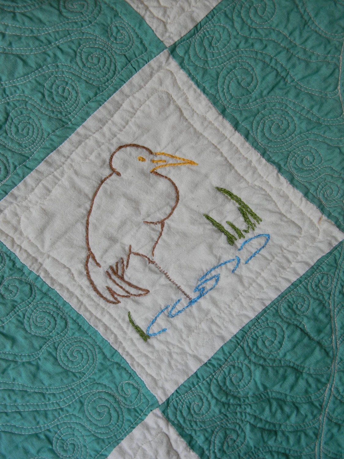 Vintage Embroidered Quilt Top with Custom Quilting New Quilt Mint Green Birds of North America