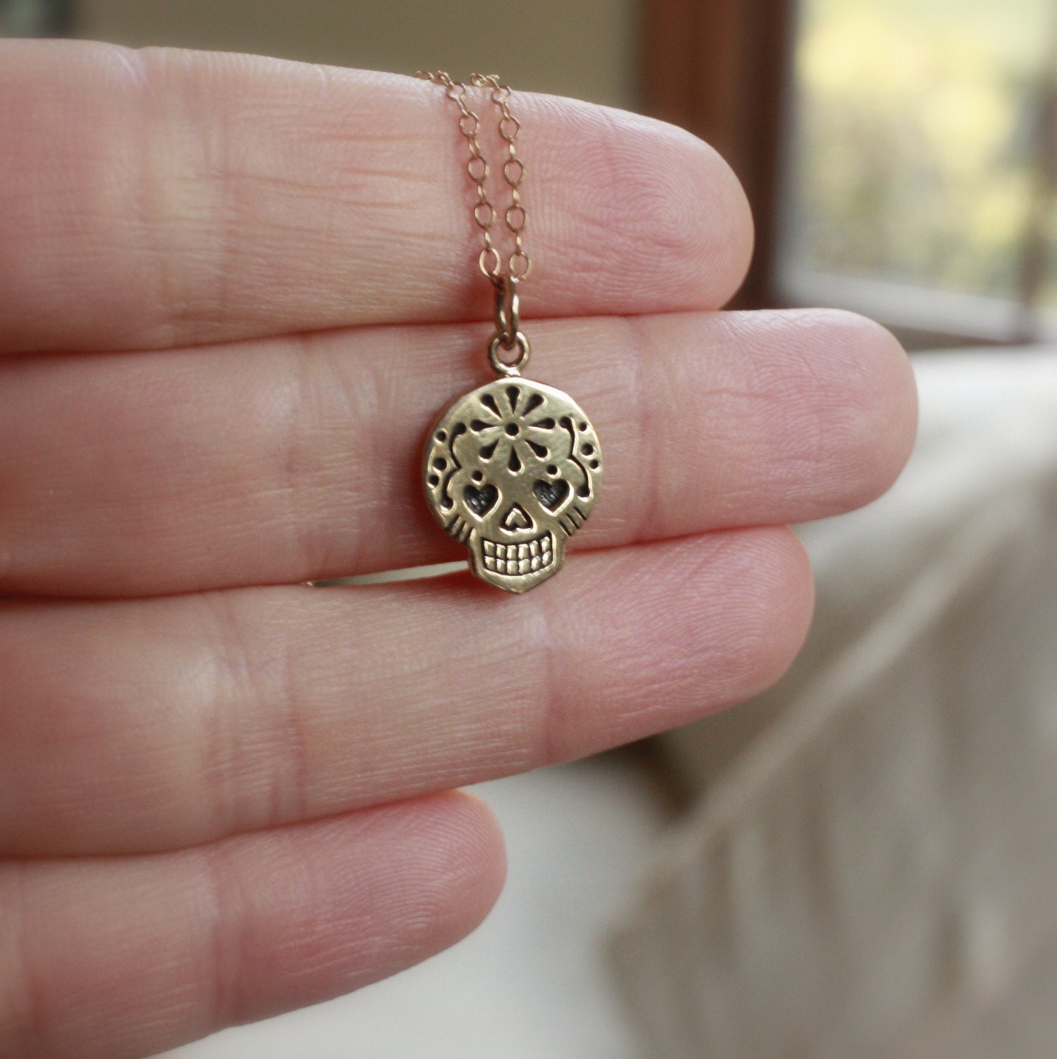 Gold Sugar Skull Necklace - Mexican Skull Pendant . Dia de los Muertos . Day of the Day