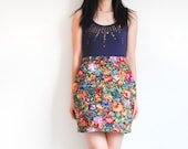 Vintage Psychedelic Flowers Denim Mini Pencil Skirt - Blossom Medley