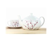 White Ceramic Teapot hand painted blooming cherry tree pink black minimal modern botanical kitchen decor decorative art