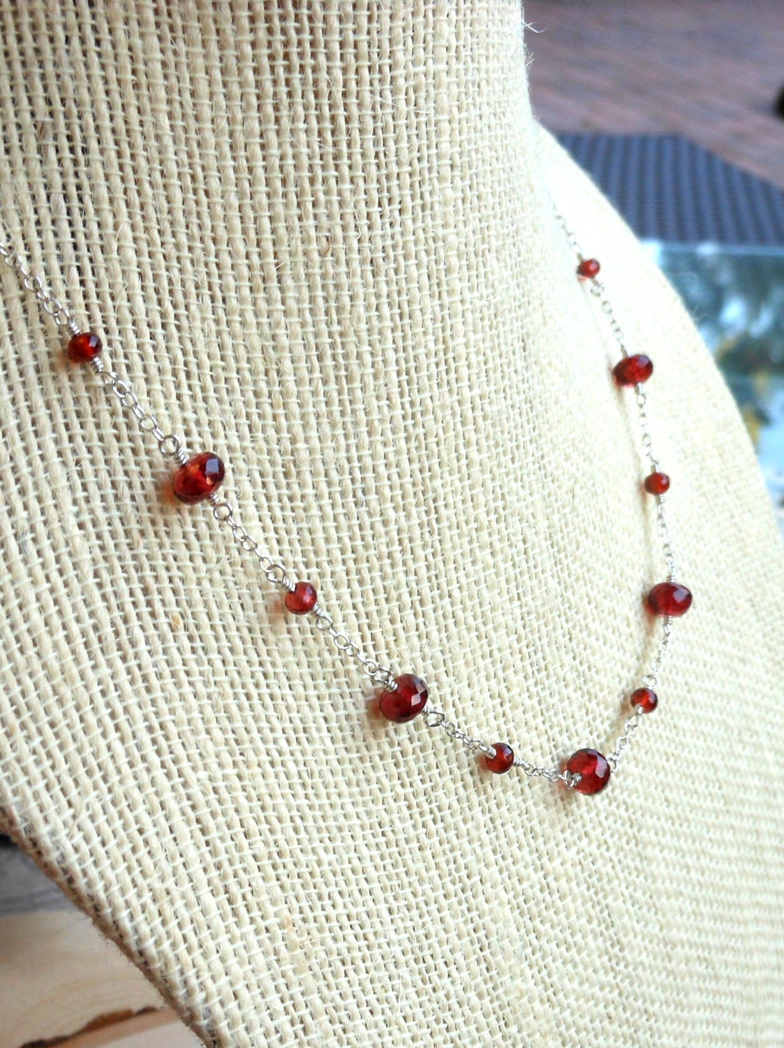 Strand Garnet Necklace, Sterling Silver Red Gemstone Necklace, January Birthstone, SImple & Timeless