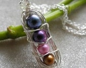 OOAK Pea Pod Necklace, Four Cultured Freshwater Pearls in Spring Colors, Silver Chain Included