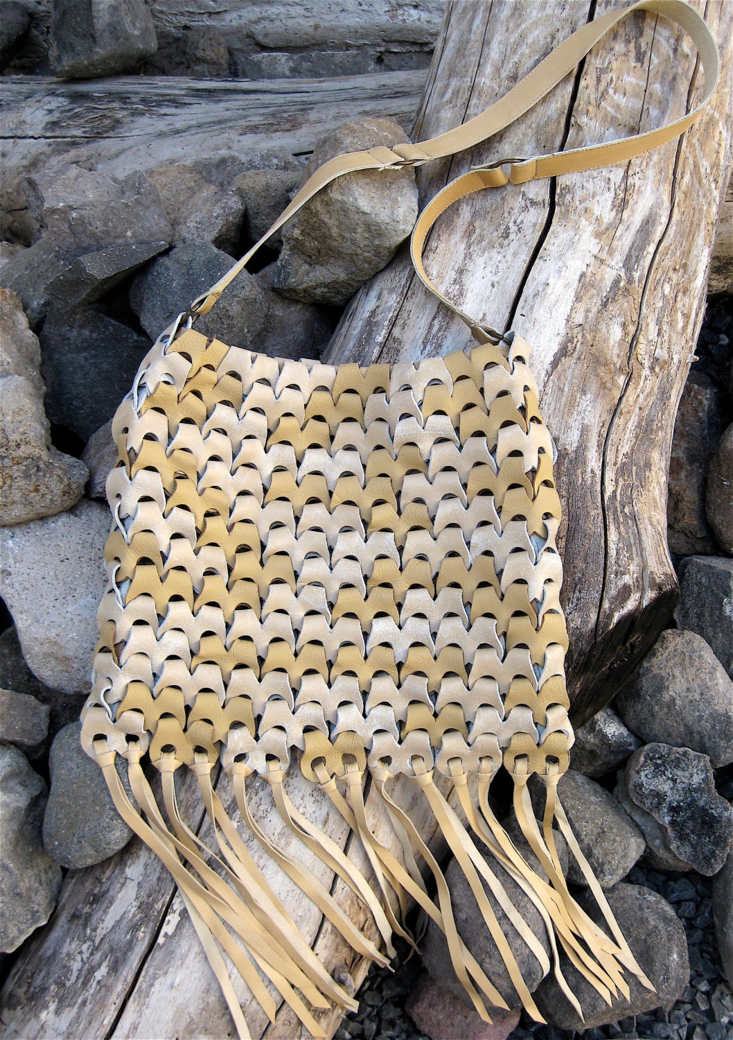 SALE One of a Kind Beige Link Bag Shoulder or Crossbody with Fringe