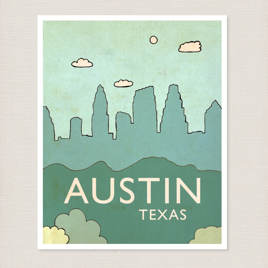 Typography Print Home Decor Nursery Art - Austin No.3 - Skyline City Travel Cityscape Landscape Typography Poster