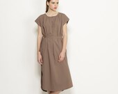 Brown maxi dress, women's buttoned dress summer dress round neck, short sleeves