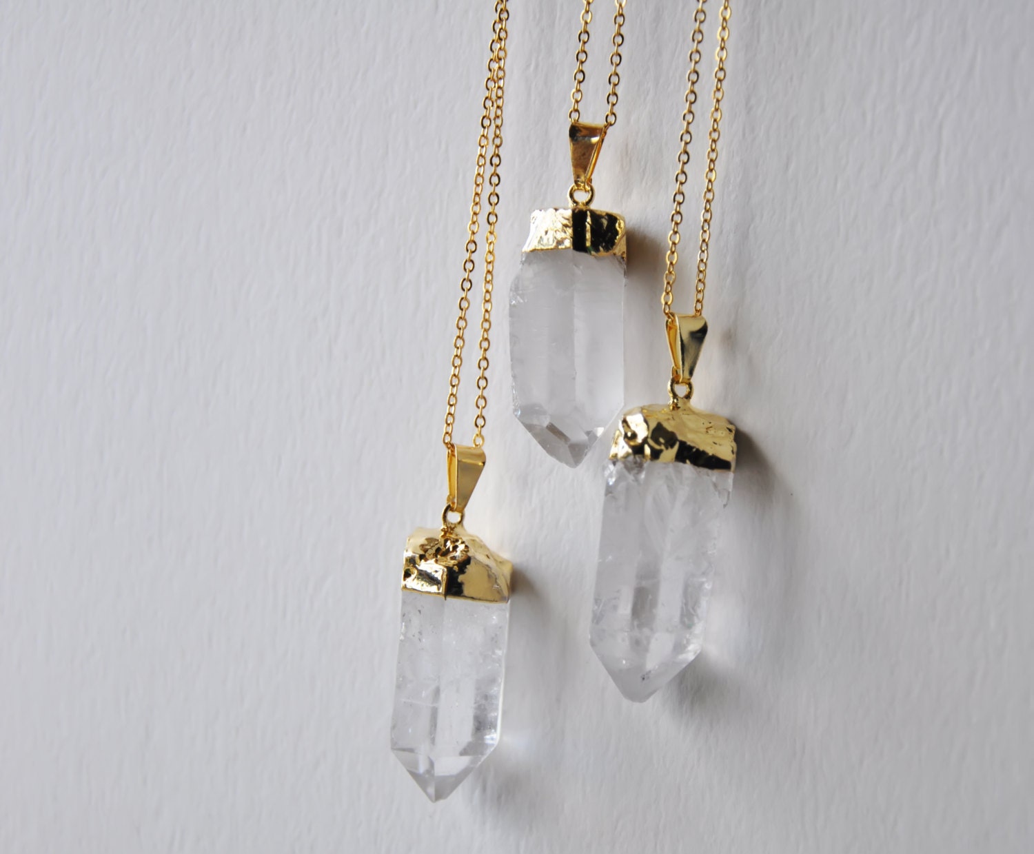 Gold Dipped Quartz Crystal Point Necklace - electroplated