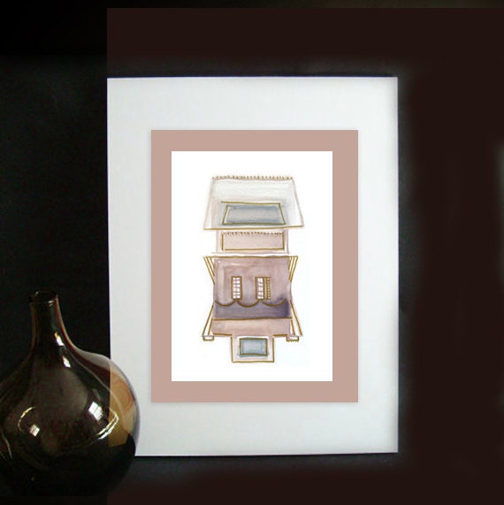 Watercolor Painting - original abstract fine art - illustration - tribal scifi - southwest - muted desert pastels - metallic gold - neutral