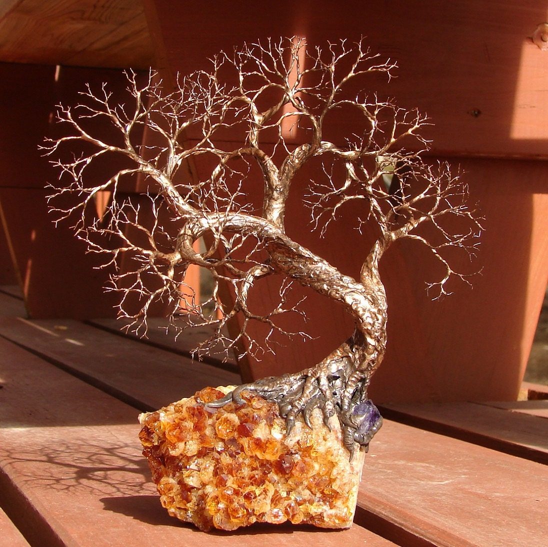 Tree Of Life Spirit sculpture Sunny Amber Citrine Geode Quartz Crystal cluster and Amethyst Quartz Crystal, original art, gift ideas, summer