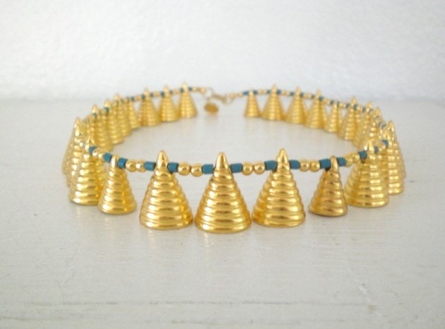 Vintage CCori Necklace Goldtone Cones Blue Bead