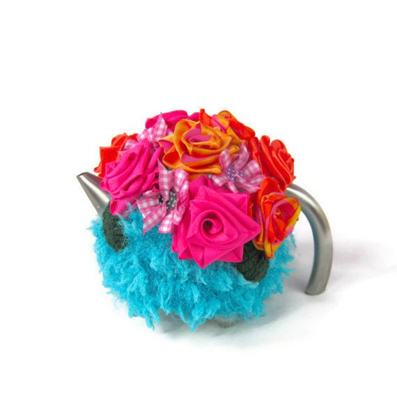 Knit tea cozy bright colour teapot cosy rose flowers pink turquoise and orange floral teapot cozie