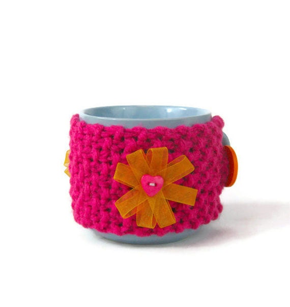 Cup cosy flower mug cozy colorful knitted coffee cup cosy with organza ribbon daisy