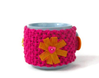 Cup cosy flower mug cozy colorful knitted coffee cup cosy with organza ribbon daisy