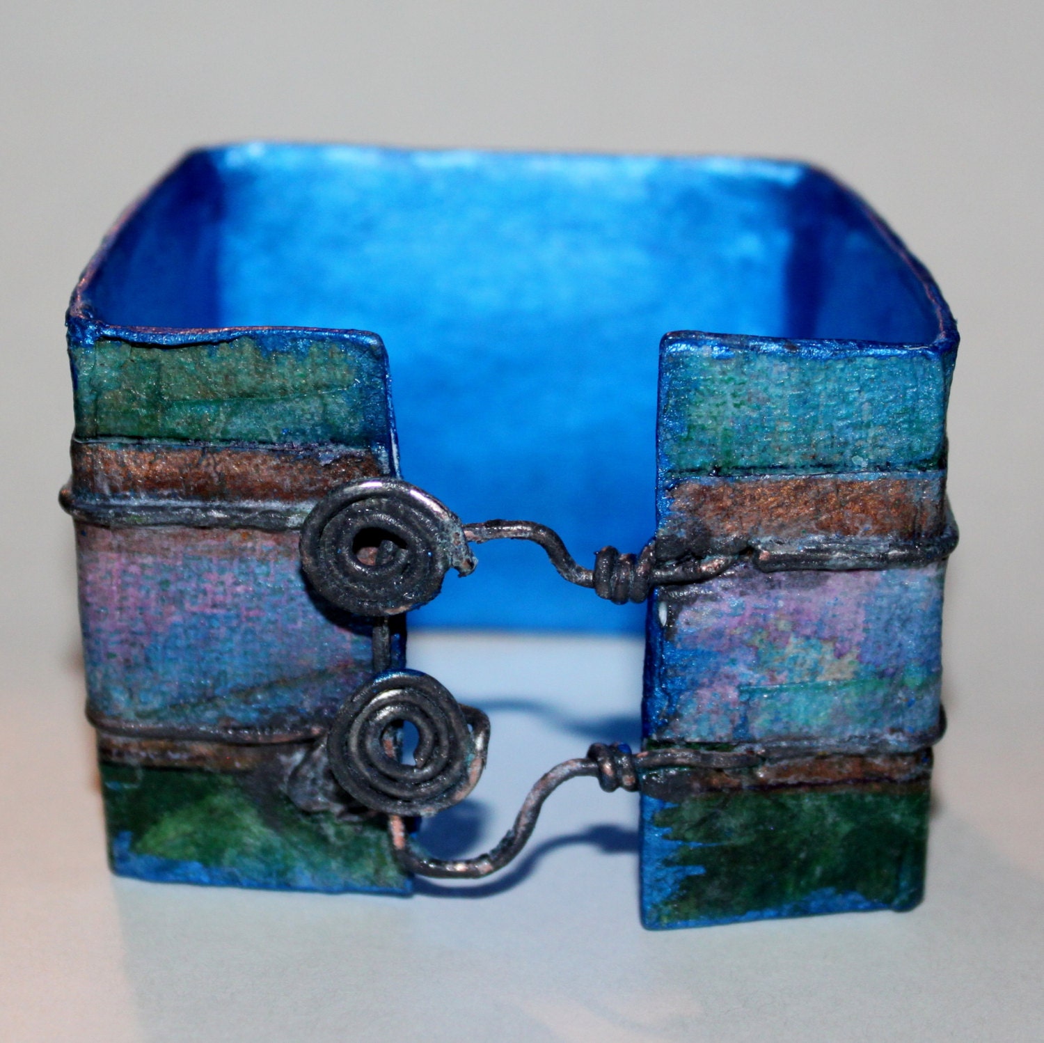 cuff bracelet, square, watercolor paper, sapphire blue tri-colored, handmade, exceptional
