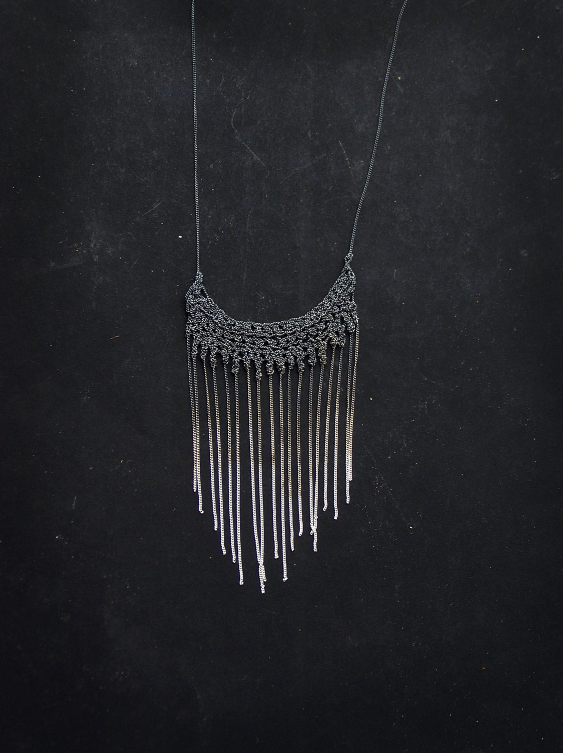 washed gradient 925 silver crochet fringe necklace, handmade contemporary jewelry