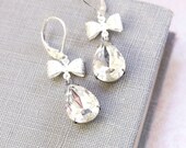 Crystal Earrings, Vintage Clear Glass, Silver Bow, Dangle Earrings, Old Hollywood, Rhinestone, Leverback, Wedding Jewelry, Bridal
