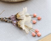 Lucite Flower Earrings Mothers Day Vintage Style Dangle Fairy Pixie Botanical Drop Floral Cream Ecru Ivory Pink Peach Plum Purple Spring
