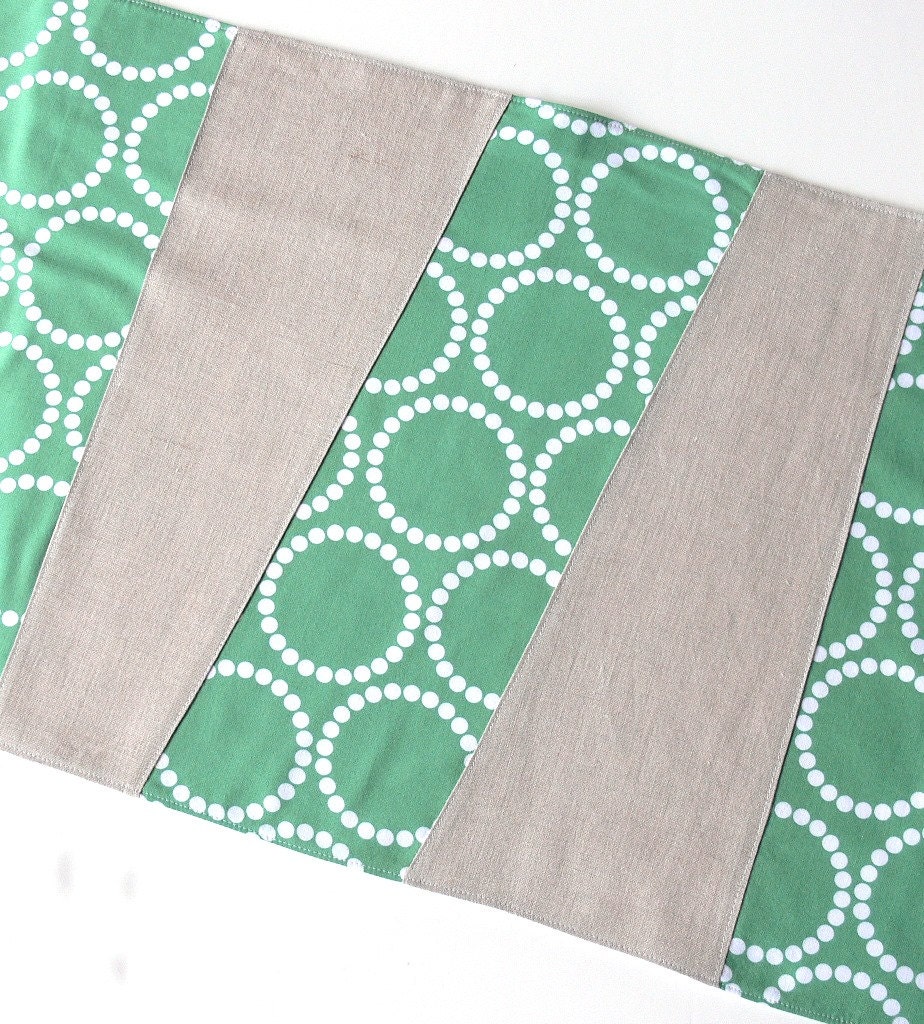 Wonky Stripes Table Runner -- Emerald and Linen -- Ready to Ship
