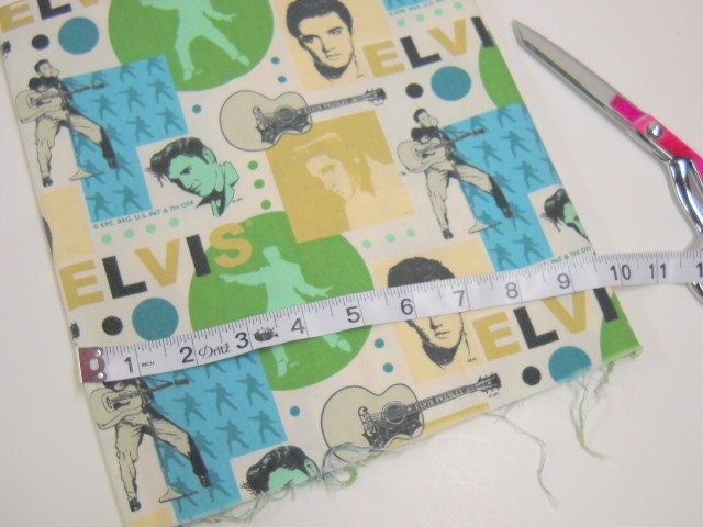 Elvis Print Fabric, Sewing Supplies, Fabric Remnant, Elvis Collectors, Guitars, Elvis Presley, Green