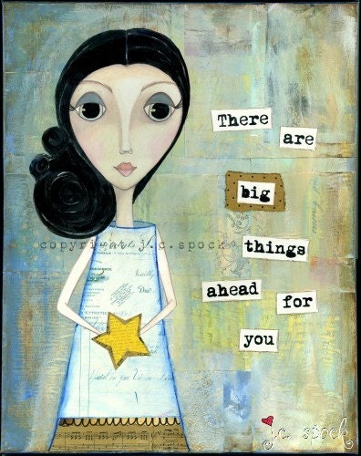 Mixed Media Art: Starry Girl 8x10 print - Whimsical Art, Folk Art, Inspirational Art, Wall Art, Girl Art - yellow, blue