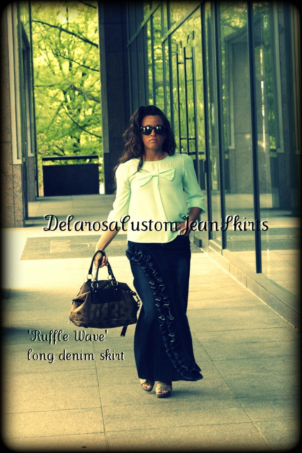 Custom Order to Your size Front Ruffle Wave Long Jean Skirt size 0-14