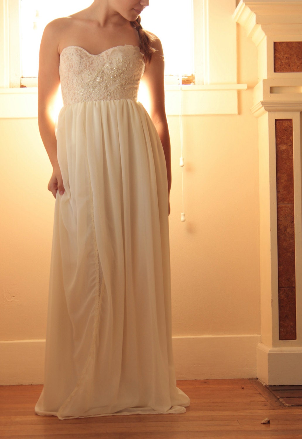 Wedding Dress- Beaded Sequins Strapless  Bustier Chiffon and Lace Bohemian- Lamia Gown off-white