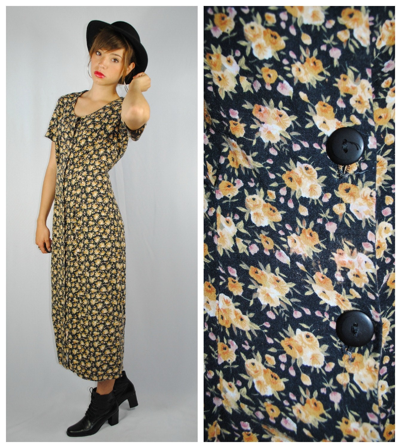Vintage GRUNGE Revival FLORAL Button-Up LONG Dress. (Medium)