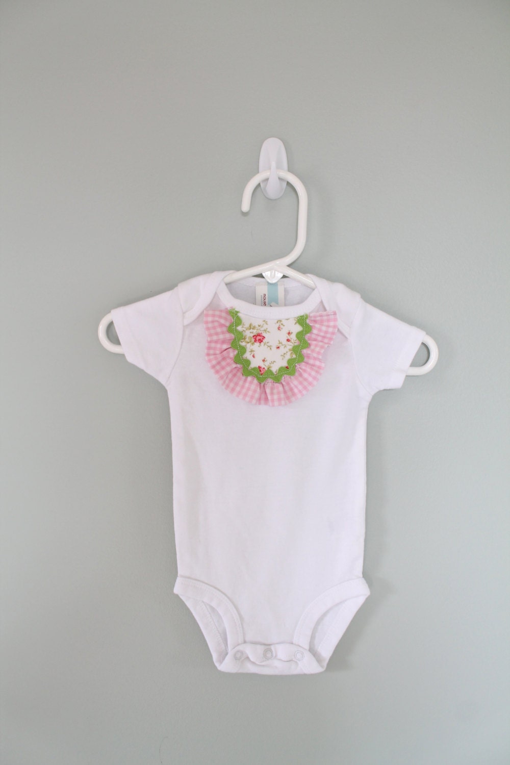 Ruffle Collar Baby Girl Onesie/Bodysuit in Pink and Green  Ready to Ship:  Size 3 months