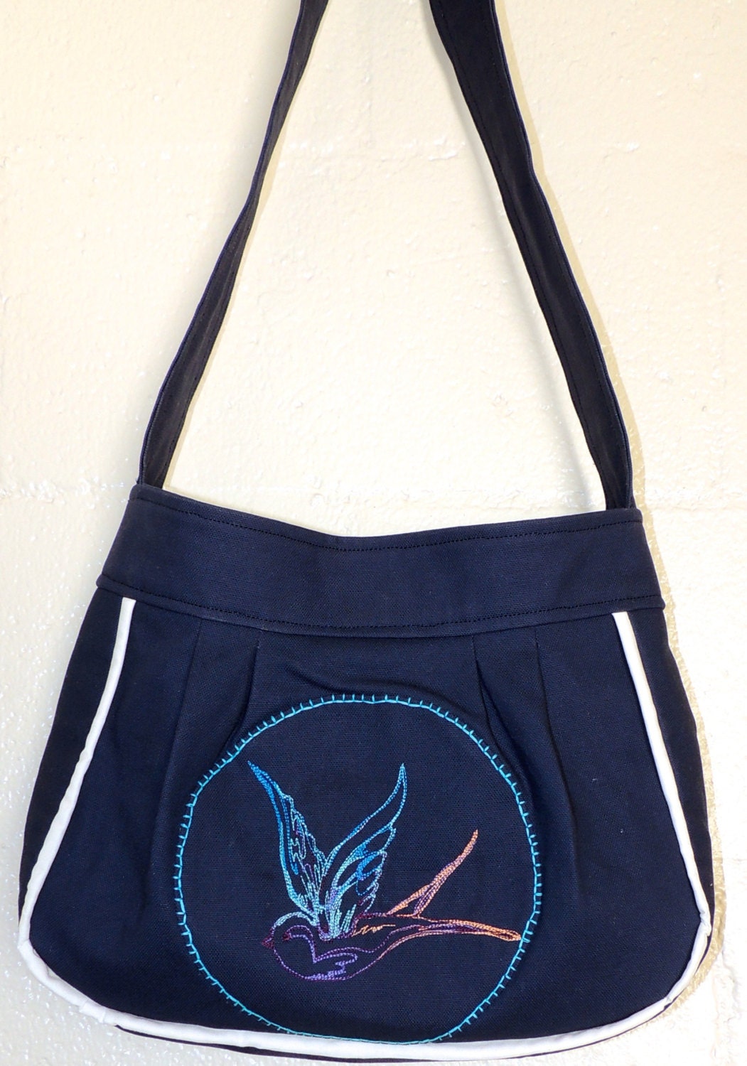 Sale Embroidered Rainbow Swallow Vintage Feel Navy and White Purse