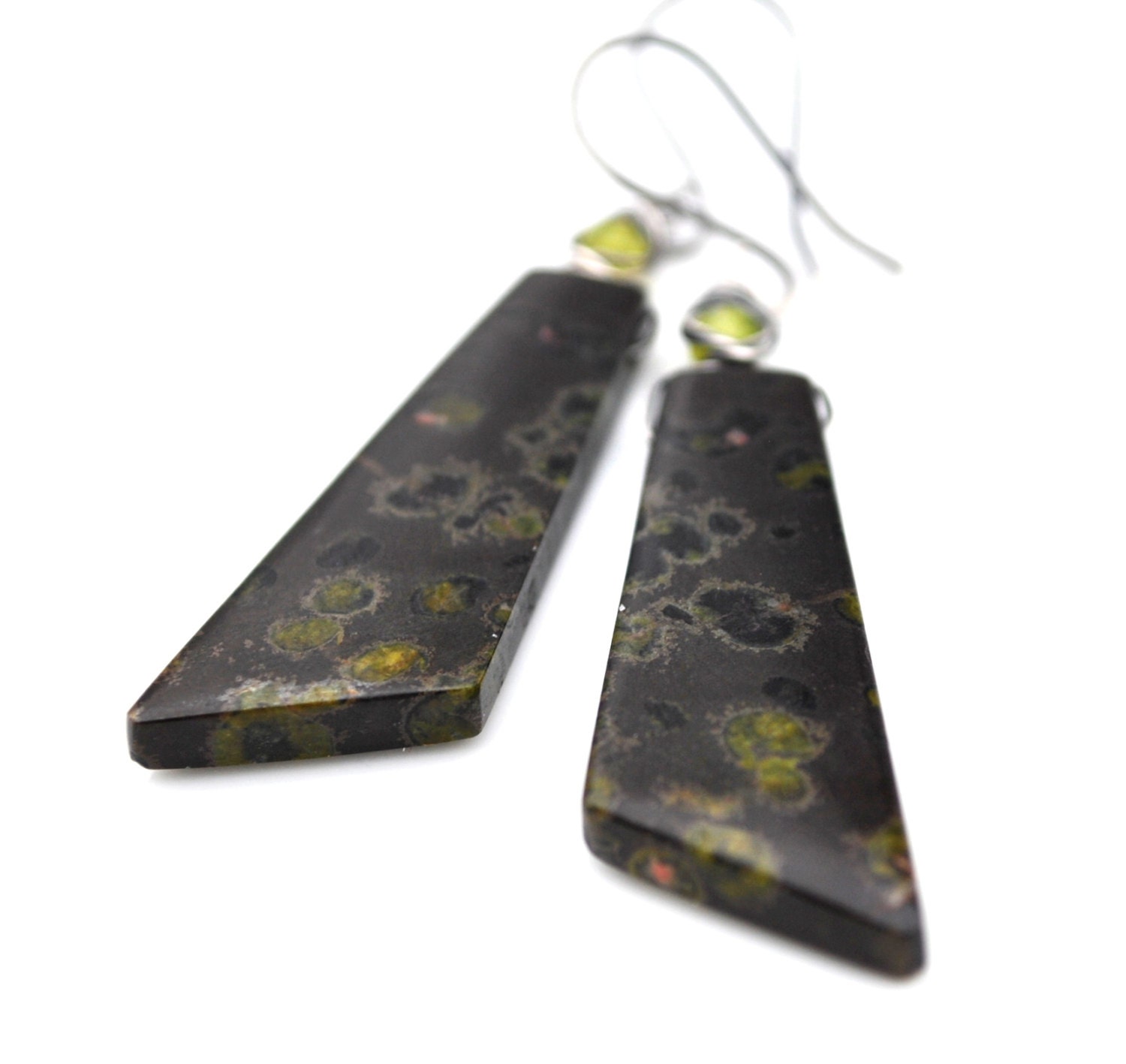 Long Black Poppy Jasper Earrings in Oxidized Sterling Silver - Green Gemstone Accent, Spotted Jasper, Herringbone, Unique Gift For Her
