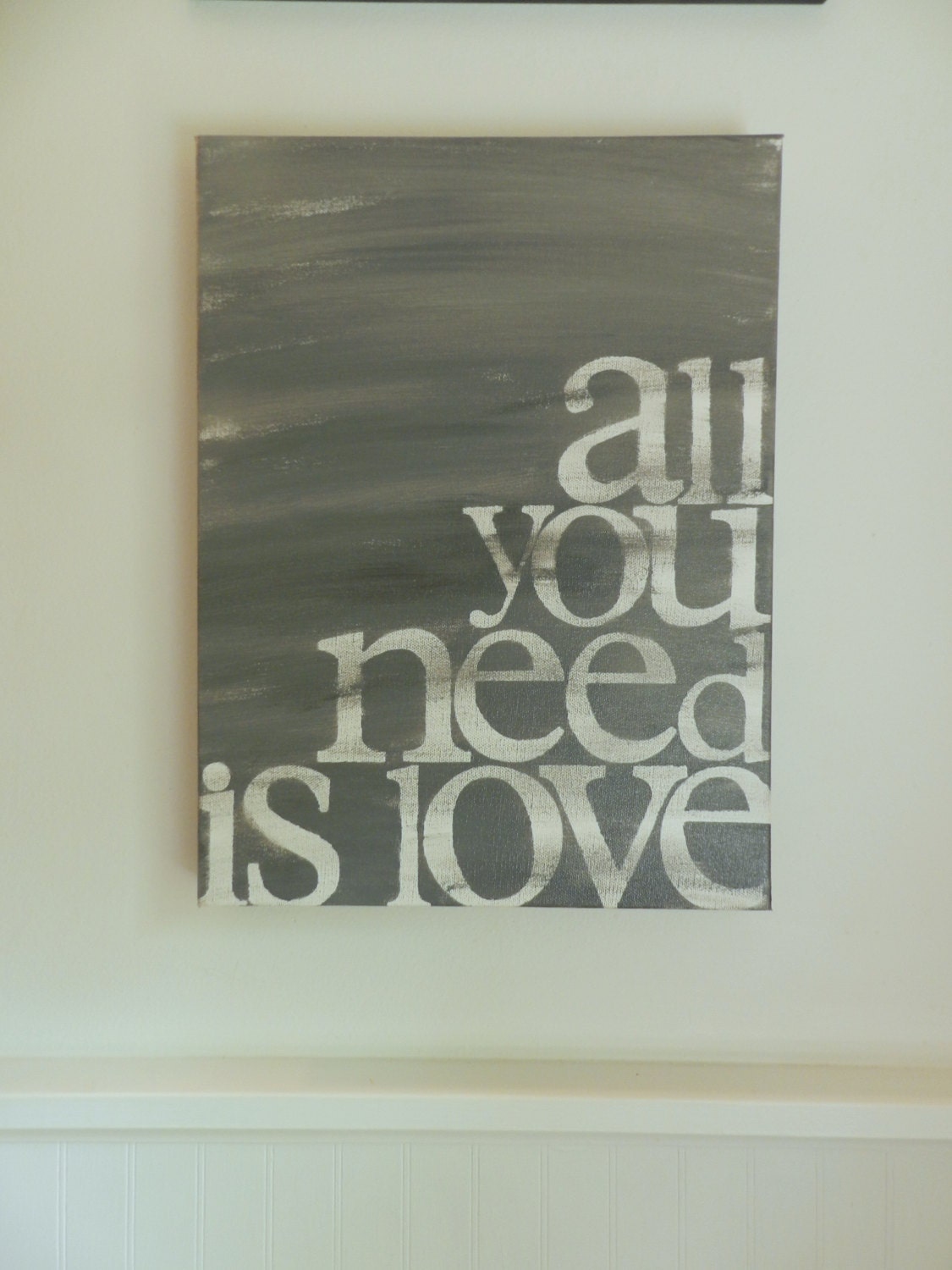 all you need is love - 12x16x1.5 hand painted canvas sign - charcoal grey and white - subway art - word art