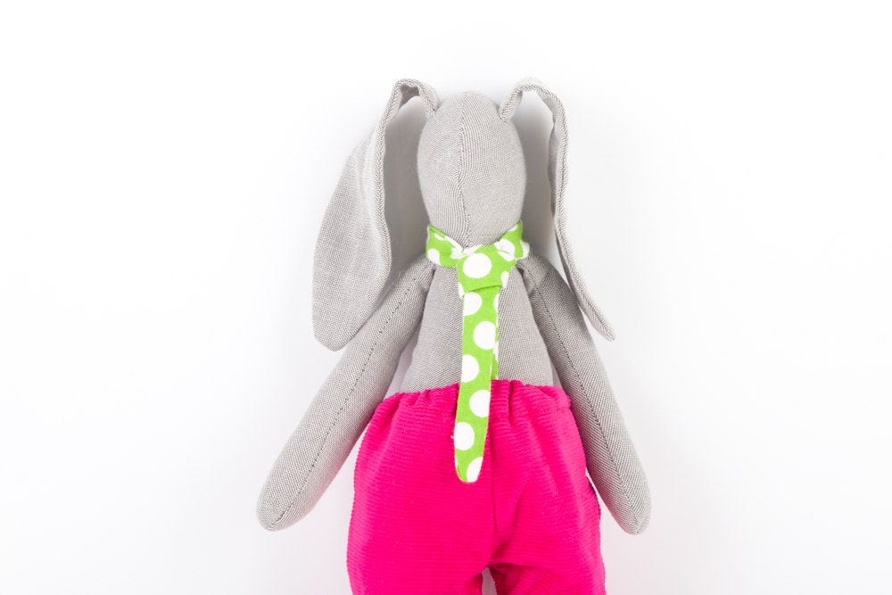 Gray Stuffed bunny rabbit toy , plush boy doll in dotted  green tie , hot Pink  corduroy baby stuffed toy - handmade fabric doll