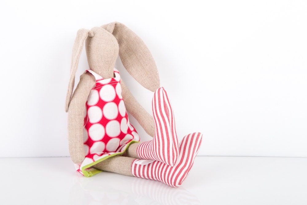 Natural canvas Stuffed doll ,Bunny - Softie Rabbit wearing retro red geometric dress and striped socks - timo handmade fabric doll