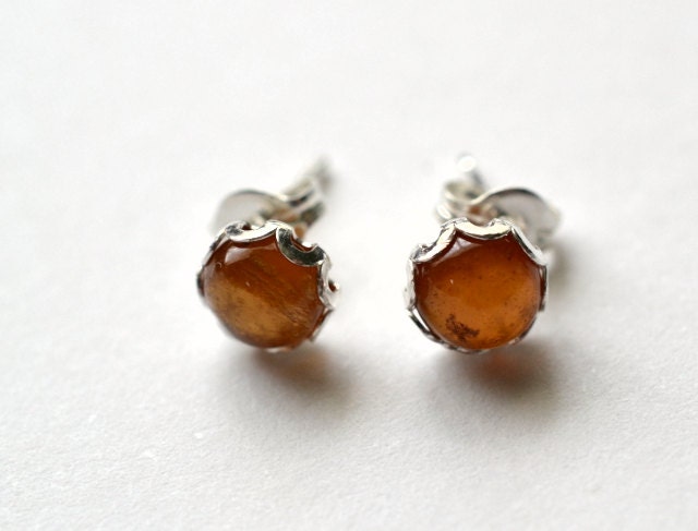 Hessonite Garnet Earrings, Sterling Silver Stud Earrings, Honey Gemstone Earrings