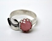 Andean Pink Opal Ring, Sterling Silver Leaf Ring, Handforged Engagement or Wedding Ring