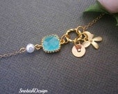 Aquamarine Jewelry, Custom Initial Chain Bracelet, Initial Disc, Orchid Charm, Friendship Bracelet, Sisters Bracelet